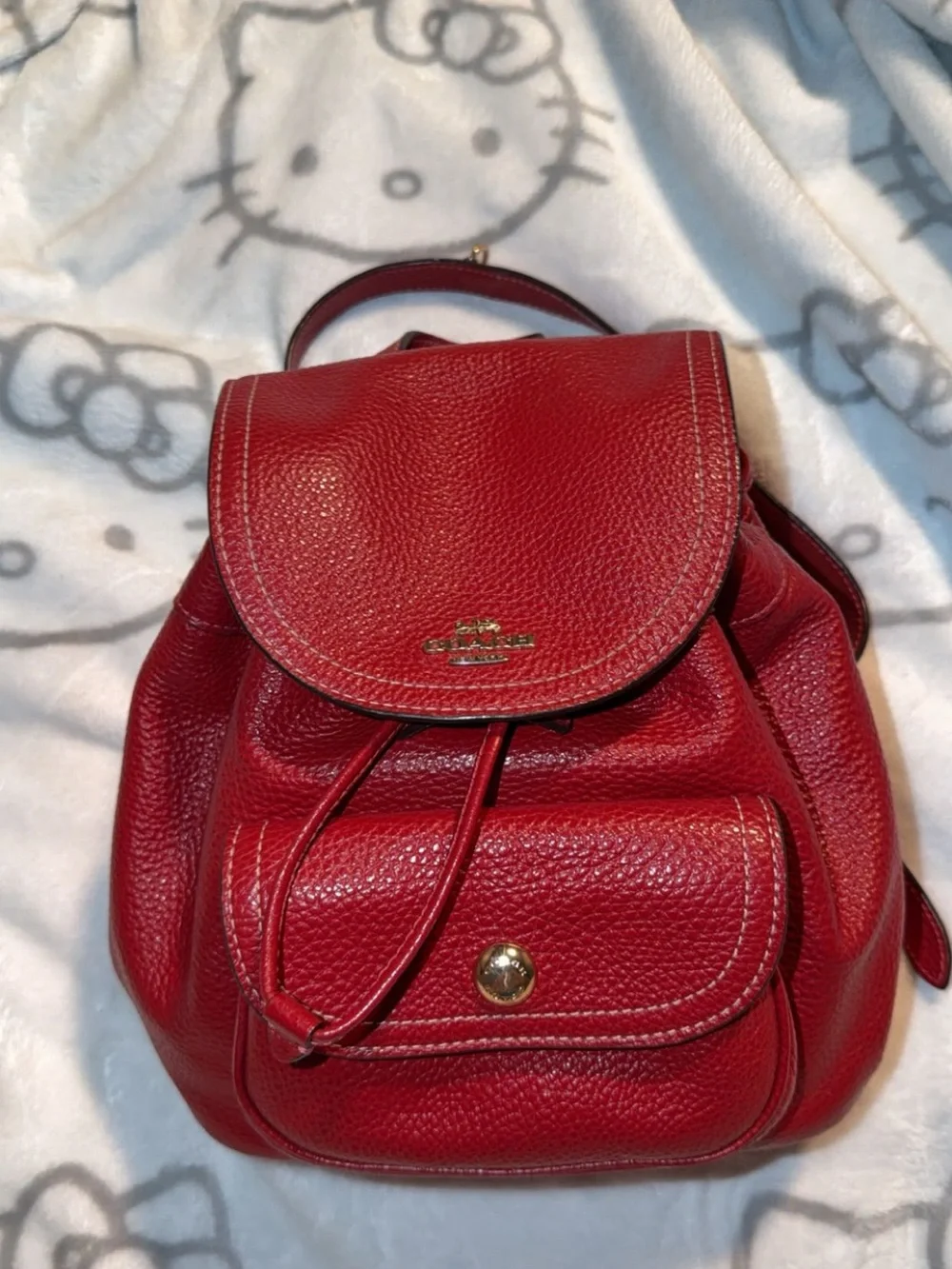Coach Red Pebbled Leather Mini Drawstring Backpack with Front Pocket